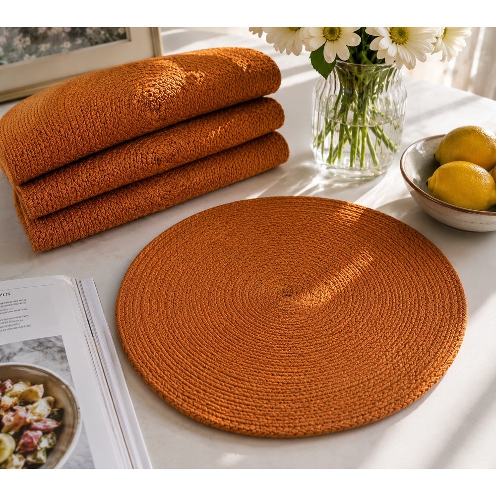 Retro Burnt Orange Woven Round Placemats Set 4 Boho Table Decor